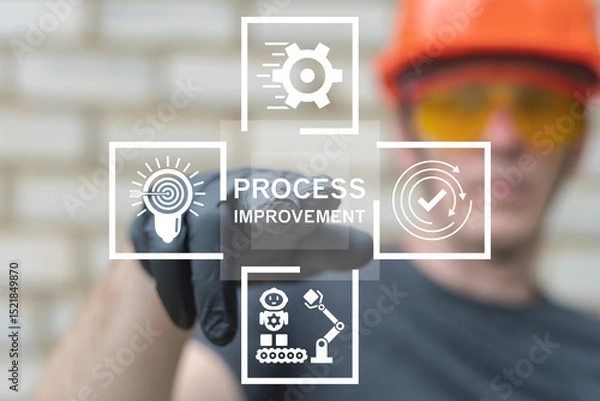 Fototapeta Engineer using virtual touch screen push inscription: PROCESS IMPROVEMENT. Continuous Process Improvement Automation Modern Industry Technology Concept.