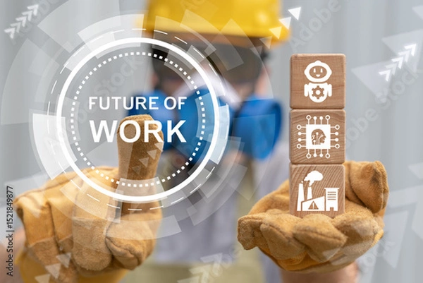 Fototapeta Engineer using virtual touch screen push inscription: FUTURE OF WORK. Future of work industry concept. The future of work is evolving rapidly.