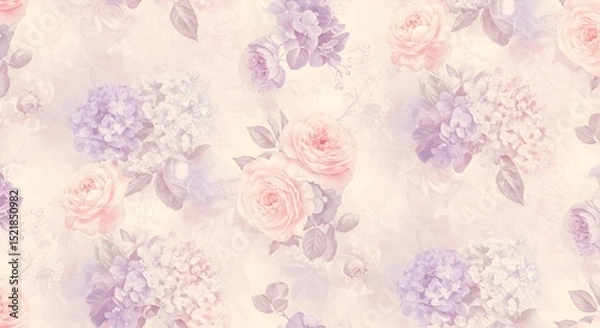 Obraz Elegant Pastel Floral Pattern Seamless Texture with Roses and Hydrangeas