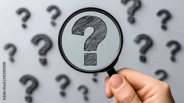 Fototapeta Hand holding magnifying glass focusing on a large question mark with blurred question marks in the background symbolizing curiosity and the search for answers
