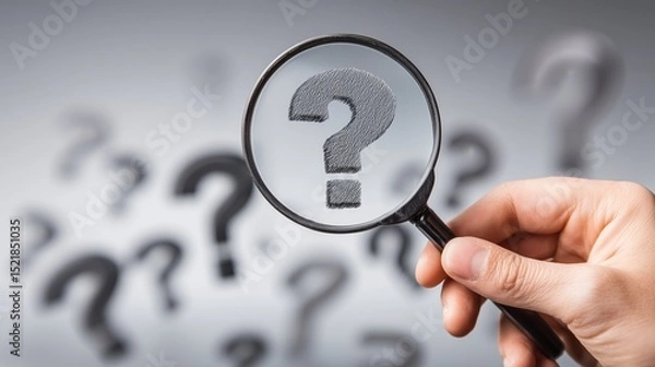 Fototapeta Magnified question mark under magnifying glass with blurred question marks in background symbolizing focus and investigation in a sea of uncertainty
