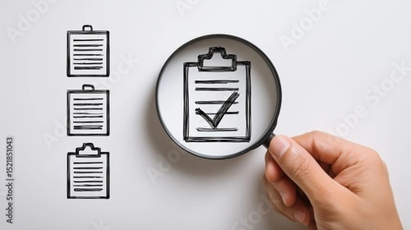 Fototapeta Hand holding magnifying glass focusing on checklist clipboard icon among three vertically aligned clipboards on light background