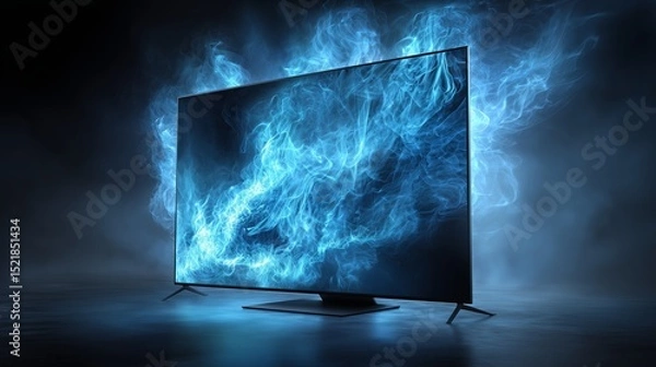 Fototapeta Futuristic flat-screen television emits vivid blue flames against a dark background creating a dynamic and intense visual effect.