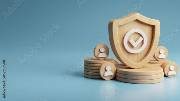Fototapeta 3D wooden shield with a checkmark symbolizing security and trust surrounded by user icons on wooden platforms against a light blue background