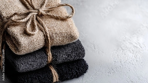 Obraz Stack of folded dark fabrics topped with rustic burlap tied in twine rests on a textured light surface, showcasing simple, minimalist arrangement and natural textures.