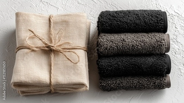 Obraz Two neatly folded sets of towels tied with twine contrast soft beige with deep grey tones on a textured light surface, showcasing rustic simplicity and modern elegance in textile display