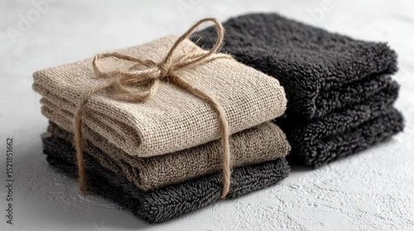 Obraz Two neatly folded stacks of neutral and dark towels rest on a textured surface, featuring a woven towel tied with a rustic string on top of one pile.