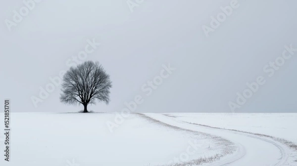 Fototapeta A solitary leafless tree stands beside a winding snowy path under a soft, overcast sky, evoking quiet solitude and serene winter stillness.