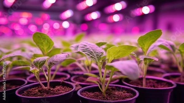 Fototapeta Young green seedlings in small pots thrive under vibrant pink and purple LED grow lights in a controlled indoor nursery environment promoting optimal plant growth.