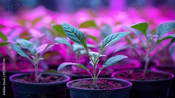 Fototapeta Small green potted plants sit in black containers filled with soil against a vibrant purple and pink blurred floral background creating a lively and colorful atmosphere