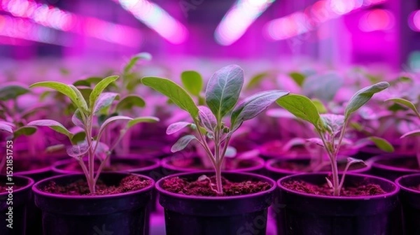 Fototapeta Small green plants thrive under vibrant purple-pink grow lights in a controlled indoor nursery setting, showcasing healthy development and attentive cultivation.
