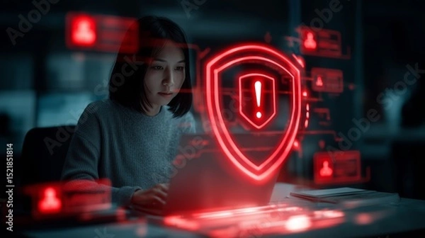 Fototapeta Woman working on laptop surrounded by glowing red holographic security alert icons. Digital shield with exclamation mark highlights urgent cybersecurity threat in dark setting.