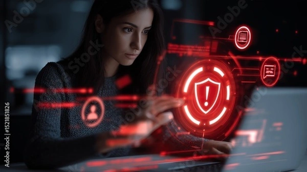 Fototapeta Focused woman working on laptop surrounded by red cybersecurity icons and a warning shield symbol indicating a digital security alert and protection measures in progress