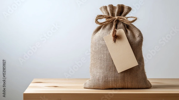 Fototapeta Rustic burlap sack tied with twine bow and blank beige tag resting on a light wooden surface against a plain background