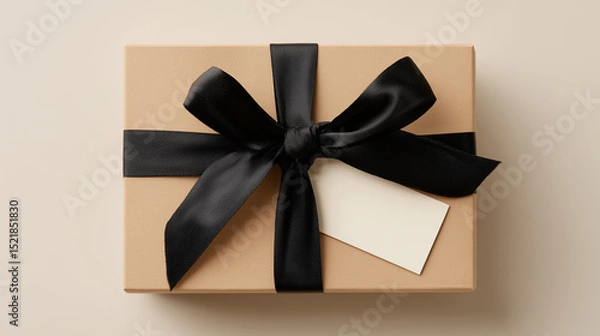 Fototapeta Beige gift box wrapped in a black ribbon bow with a blank white tag rests on a neutral beige background creating a minimalist and elegant composition