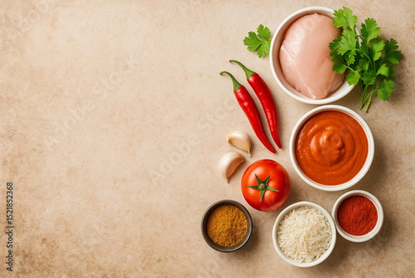 Fototapeta From Spice to Simmer: Chicken Tikka Masala Essentials
Beautifully arranged with space on the left for your text or image.