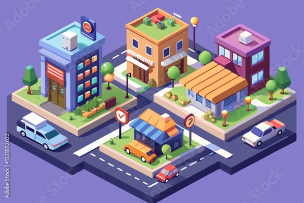 Obraz Isometric city vector illustration with urban buildings, homes, and office architecture set on a street map