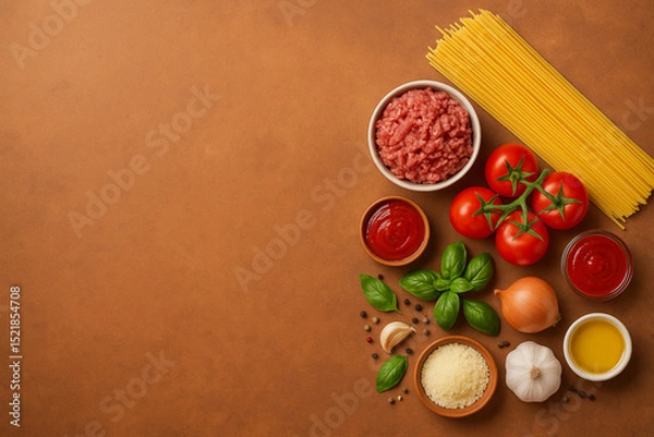 Fototapeta From Pasta to Perfection: Spaghetti Bolognese Essentials
Beautifully arranged with space on the left for your text or image.