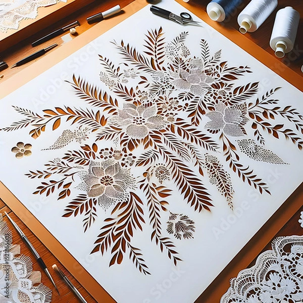 Obraz Intricate paper cut floral design on a wooden table with crafting tools and materials