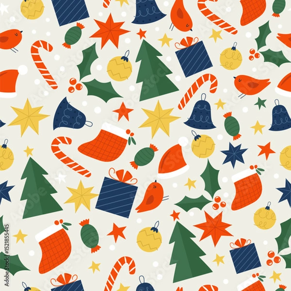 Fototapeta Seamless Christmas Pattern with Gifts, Trees, Candy Canes, Birds, and Holiday Icons