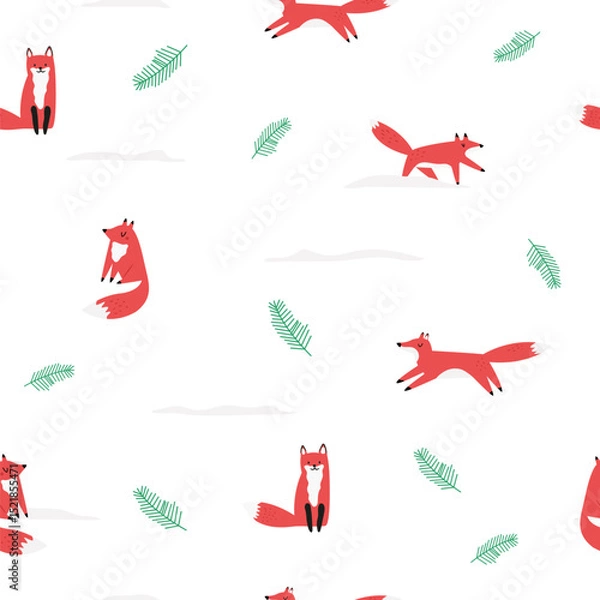 Fototapeta Cute Fox Seamless Pattern. Hand Drawn Forest Animal in Minimal Style on White Background