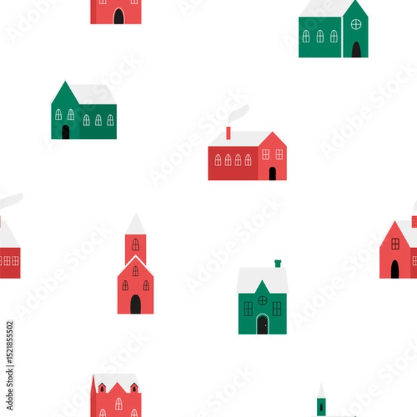 Fototapeta Seamless Winter Village Pattern. Cute Christmas Houses with Snow Roofs on White Background