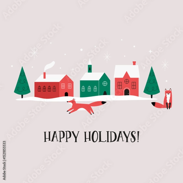 Fototapeta Christmas Greeting Card, Cityscape of Houses with Snow Roofs, Pine Trees and Funny Foxes