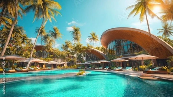 Fototapeta Luxury tropical resorts with curved buildings, pools and palm trees. Summer Vacation. AI generated image