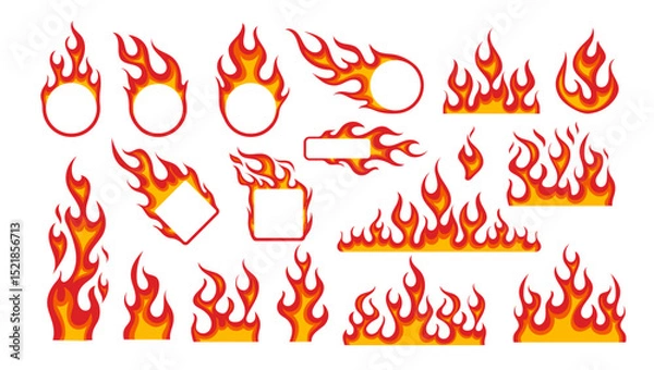 Obraz Fire flame frame. Flaming border stickers. Cartoon horizontal campfire elements, fire circle, oval, square frames. Yellow, red burn wildfire silhouette. Hot flammable borders vector set
