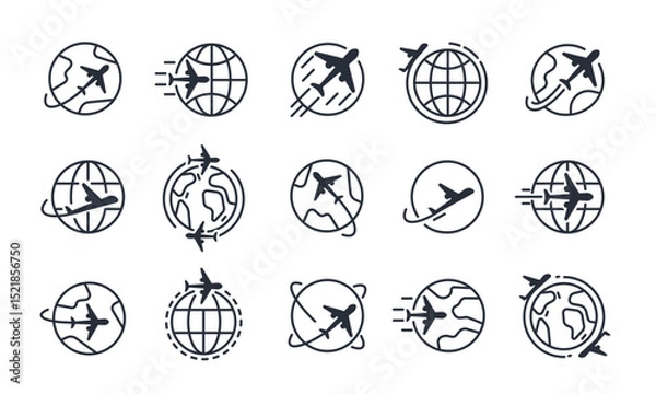 Obraz Airplane globe travel. Plane circling globe icon. Global air travel, tourism, international logistic, transportation, journey. Flight path around planet. Aviation icons. Vector set