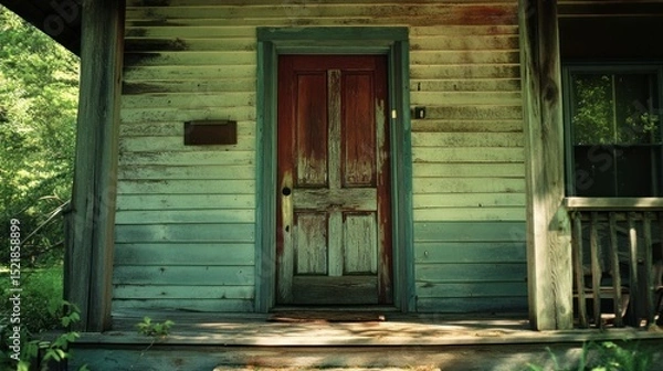 Obraz A weathered red door on an old abandoned rural porch