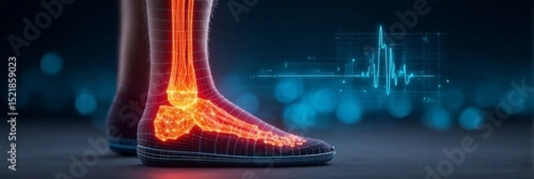 Obraz 45 year old non binary patient undergoing extracorporeal shockwave therapy on the right Achilles tendon with a glitch art overlay showing a glowing depiction of tendon repair