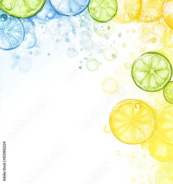 Fototapeta Sparkling citrus-themed background design with soft color gradient and bubbles.