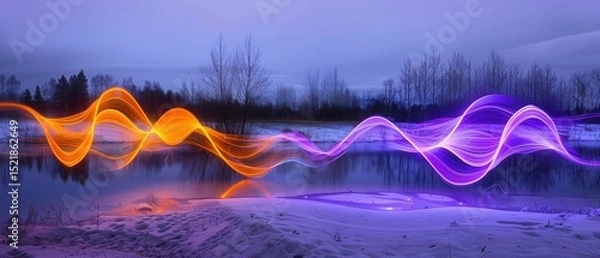 Obraz Abstract long exposure effect, violet and orange light painting streaks reflected on water, artistic composition signature, dual tone color.