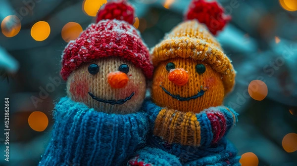 Fototapeta Two adorable snowmen wearing knitted scarves and colorful beanies smile joyfully in a wintry setting with festive lights.