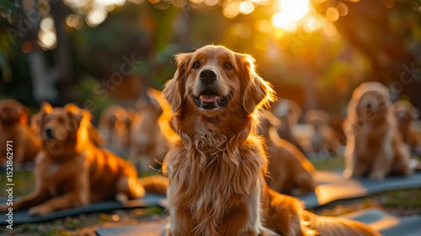 Fototapeta A cheerful golden retriever sits among a group of dogs on yoga mats in an outdoor setting during golden hour. The image expresses calmness, pet wellness, and community in nature.