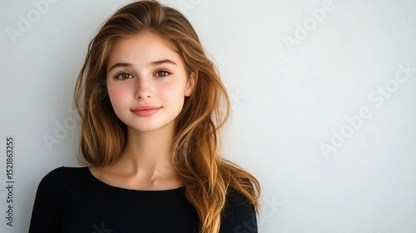 Obraz Portrait of a beautiful young woman with long hair on a white background, wearing a black top, looking at the camera and smiling