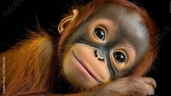 Obraz Portrait of a baby orangutan, smiling and looking at the camera, against a black background