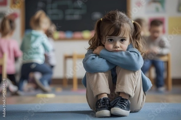 Obraz Sad girl sitting alone in a classroom while other children play in the background, concept of bullying and social exclusion in school. Lonely child. Depressed young girl feeling excluded and alone