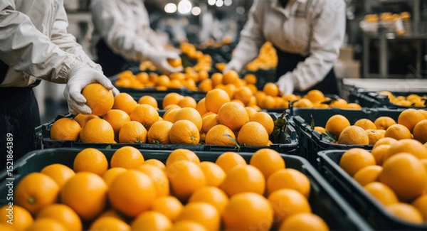 Fototapeta Workers sorting oranges in factory warehouse for quality control and distribution process