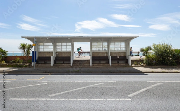 Fototapeta St Leonards, East Sussex, England 16, August 2023 Art deco seaside beach shelter. A beautiful and stylish shelter on an English seafront.