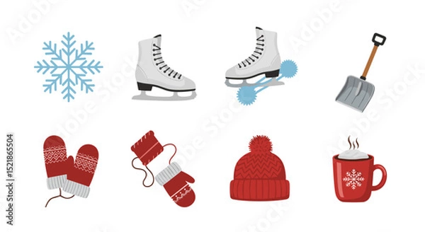 Obraz Illustration of winter themed items including skates snowflake mittens and hot cocoa mug design element