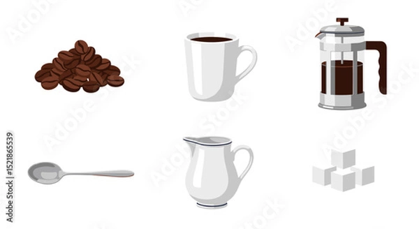 Obraz Still life of coffee beans mug french press spoon creamer and sugar cubes on a white background