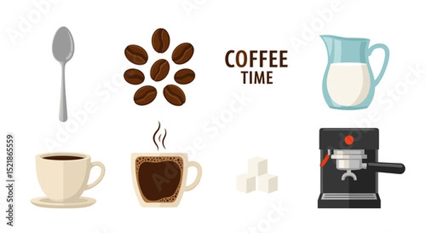 Obraz Illustration showing coffee beans, coffee cups, coffee machine, milk jug, sugar cubes and spoon on white