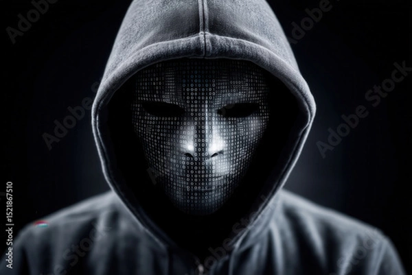 Obraz Hacker engages with multiple computer screens displaying code and binary numbers. Dark environment creates high contrast lighting. Concept of cybersecurity, IT, digital security