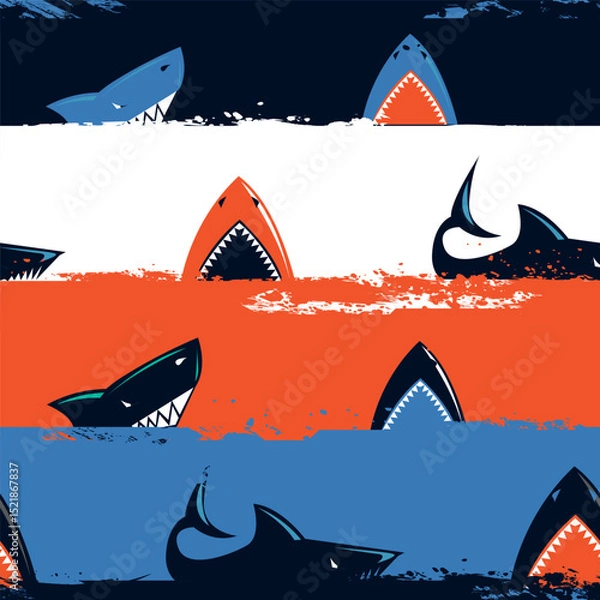 Obraz Vector seamless Pattern with sharks and linear background. Ornament silhouettes of underwater Sea Fish, brush stroke waves. Print for kids wear, summer prints,ocean-themed products