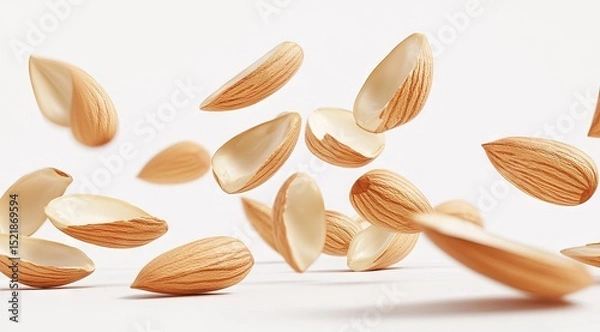 Fototapeta Almonds in mid-air, light tan,  shells open