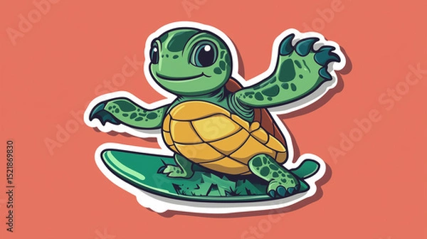 Fototapeta Cute turtle character with “Surf Up” typography in a flat sticker design, ideal for beach-themed illustrations.