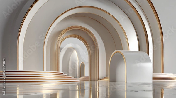 Obraz 3d illustration of abstract minimal architecture background, geometric architectural with chrome or metallic arch design