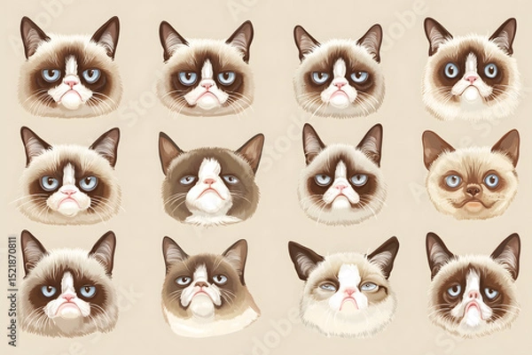 Fototapeta Grumpy Cat Faces – Expressive Cartoon Cats with Moody Expressions 